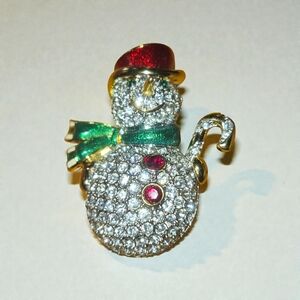 Swarovski Signed Vintage Snowman Brooch Gold Plated Encrusted With Crystals